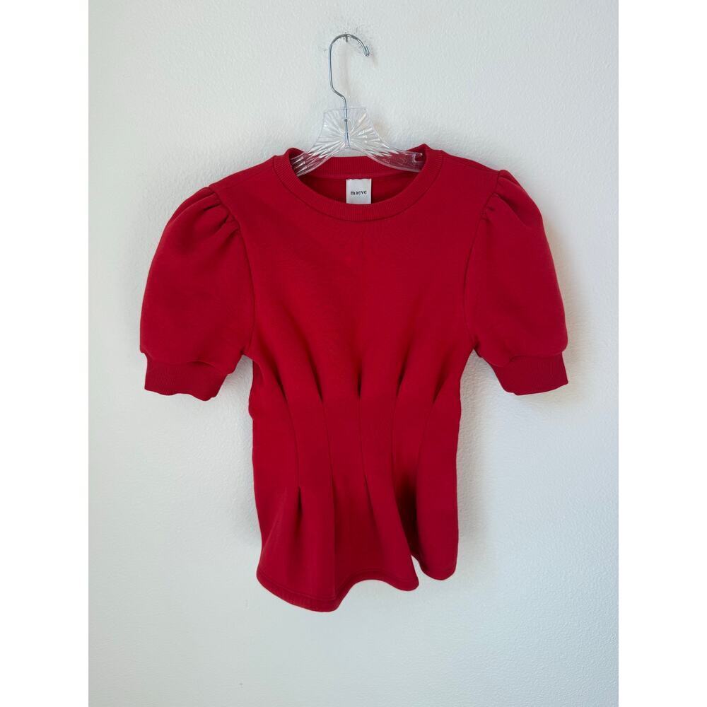 Anthropologie Maeve Puff Sleeve Pleated Waist Peplum Top Red Size XS - Picture 3 of 8